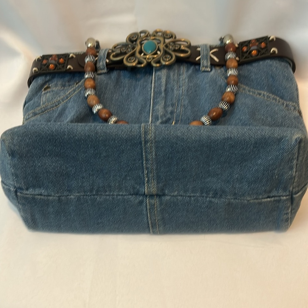 Denim and Brown Beaded Women's Bag - Picture 8 of 8